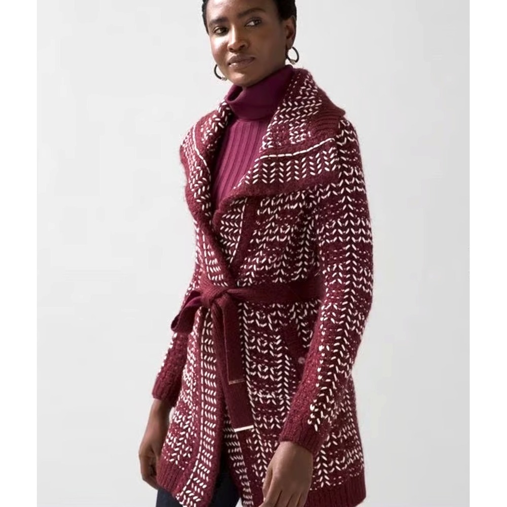 New White House Black Market Plaid Belted Wool Sweater‎ Coat Port Ecru Small